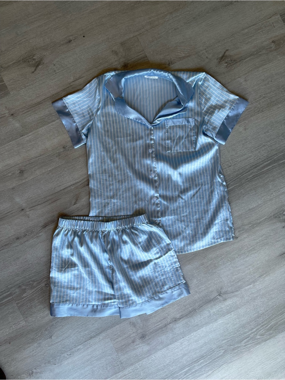 Satin Stripe Short Sleeve Pajama Set in Light Blue - Women